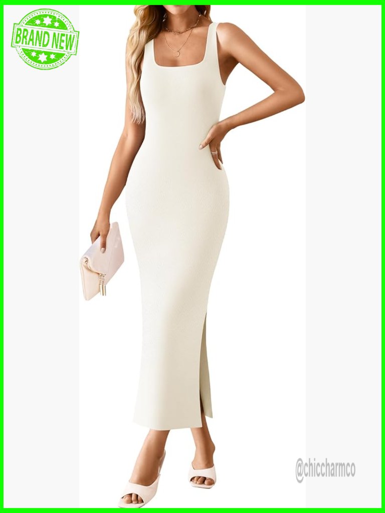 Sleeveless Knit Bodycon Midi Dress Square Neck Side Slit Summer Beach